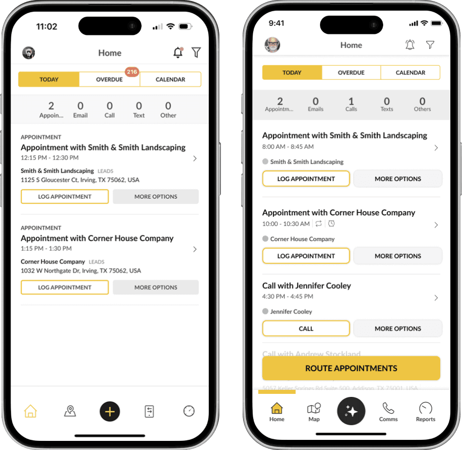 Home screen — before and after the Route Appointments button